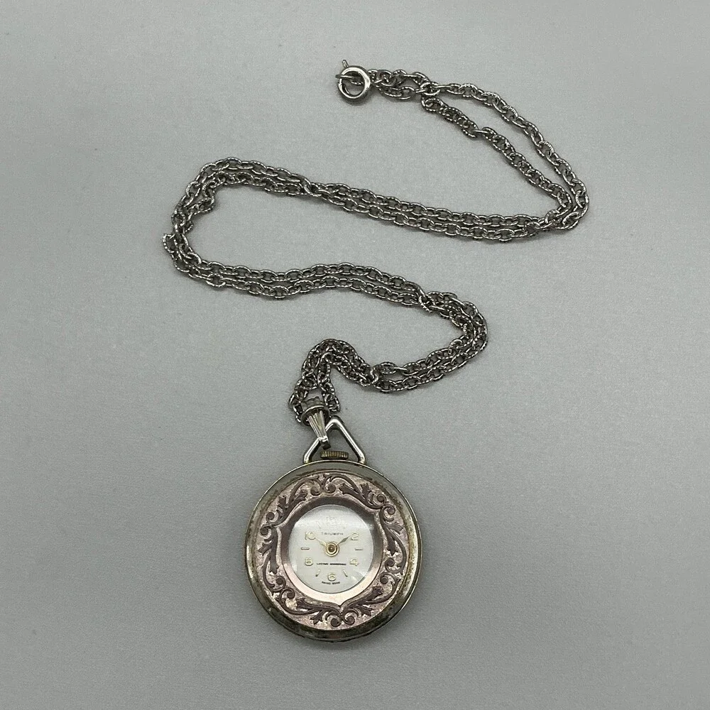 Vintage Triumph Watch Pendant Women 34mm Silver Gold Tone Manual Wind Chain